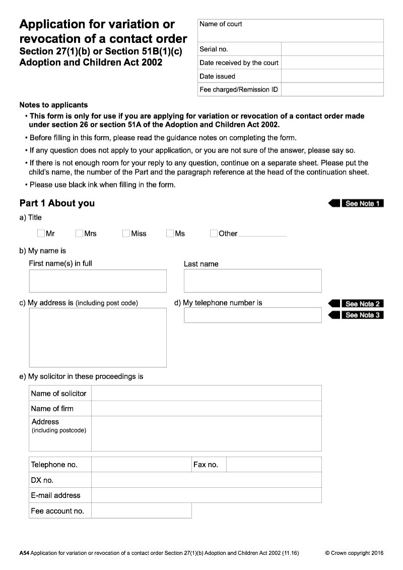 A54 Application for variation or revocation of a contact order Section 27 1 b or Section 51B 1 c Adoption and Children Act 2002 preview