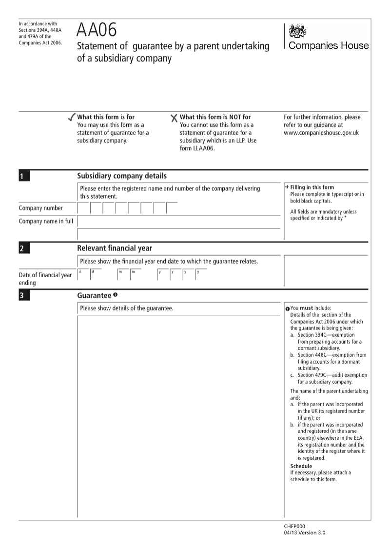 AA06 Statement of guarantee by a parent undertaking of a subsidiary company Sections 349A 448A and 479A preview