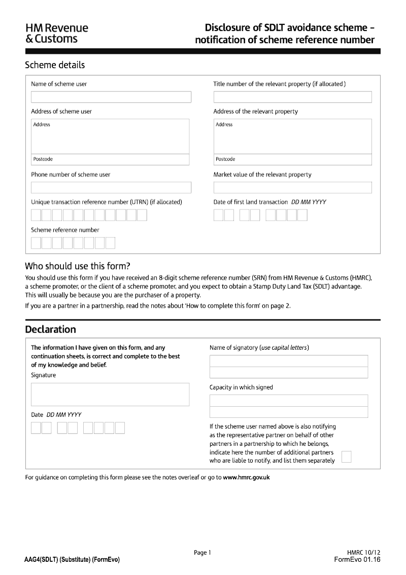 AAG4(SDLT) Disclosure of SDLT avoidance scheme (Notification of scheme ...