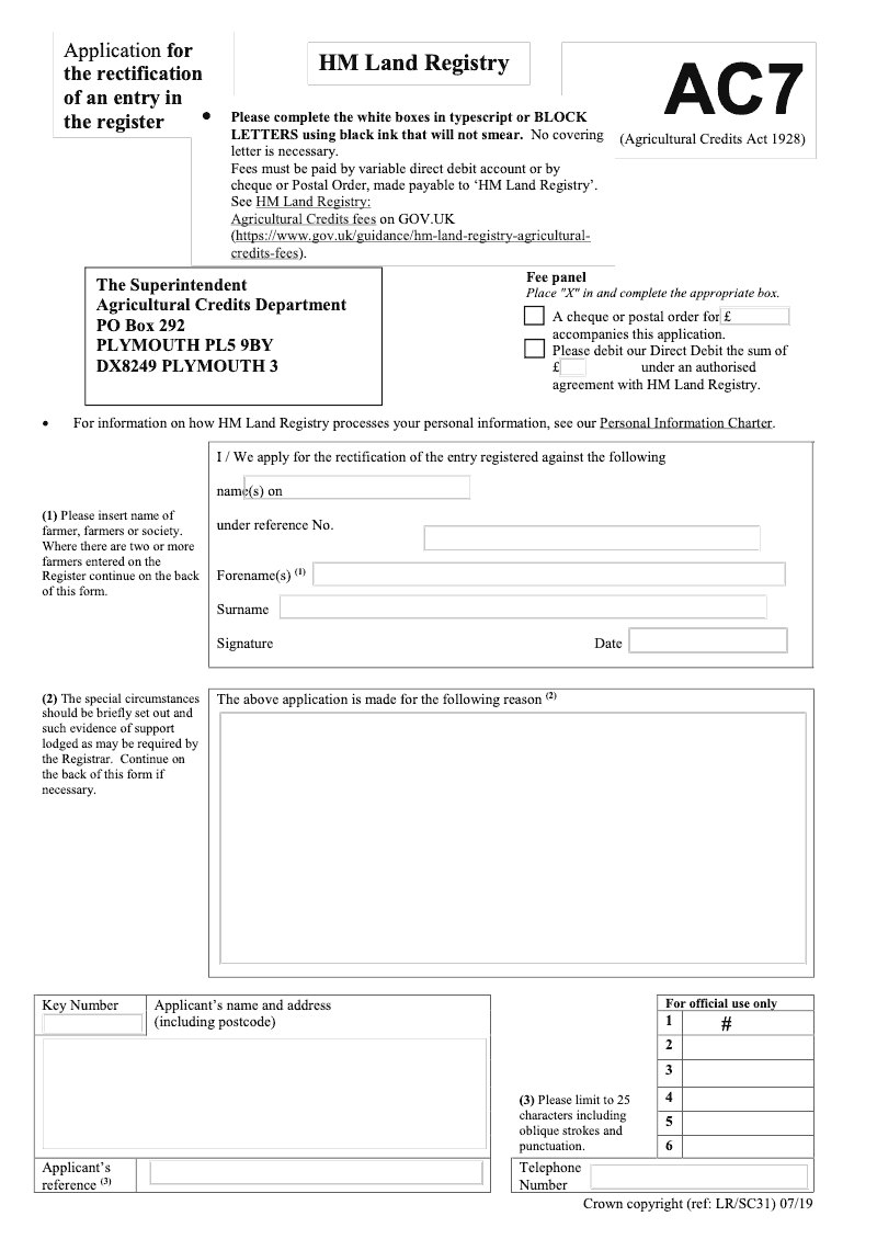 AC7 Application for the rectification of an entry in the register Agricultural Credits Act 1928 preview