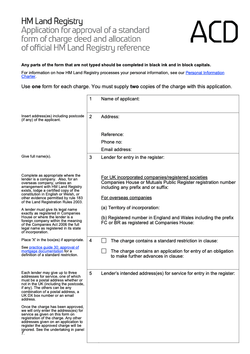 ACD Application for approval of a standard form of charge deed and allocation of official HM Land Registry reference preview