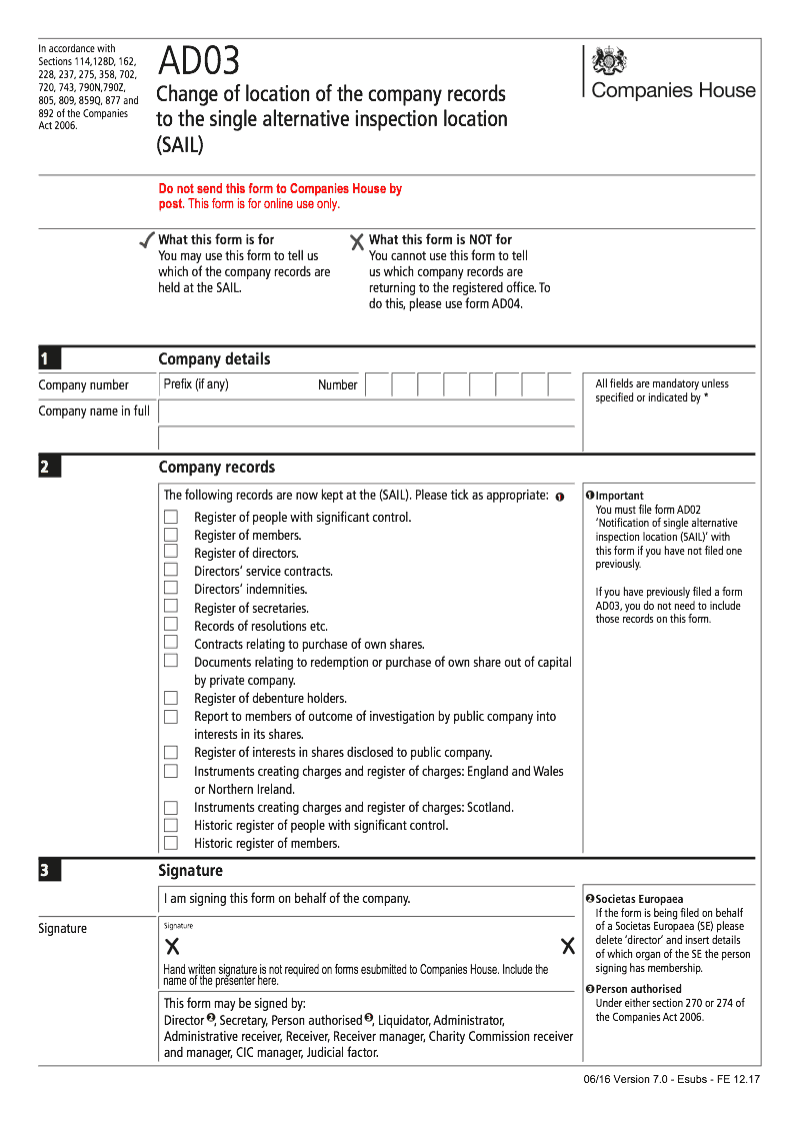 AD03 Change of location of the company records to the single alternative inspection location (SAIL) preview