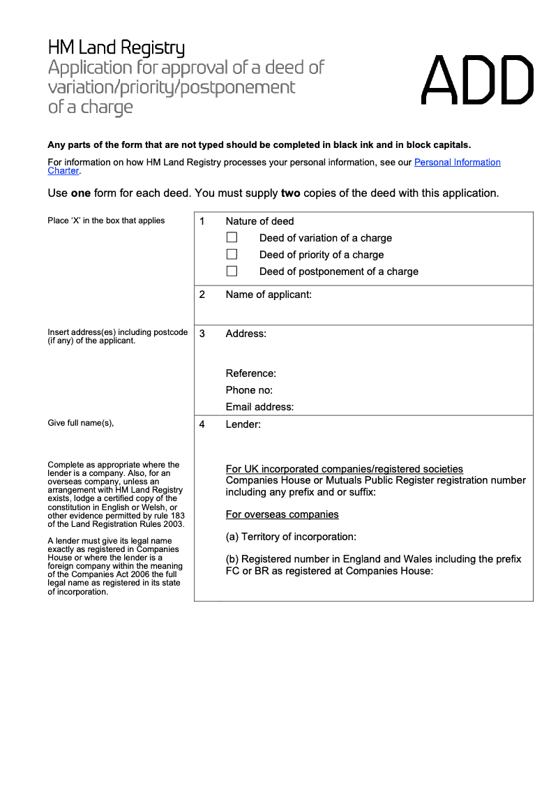 ADD Application for approval of a deed of variation priority postponement of a charge preview