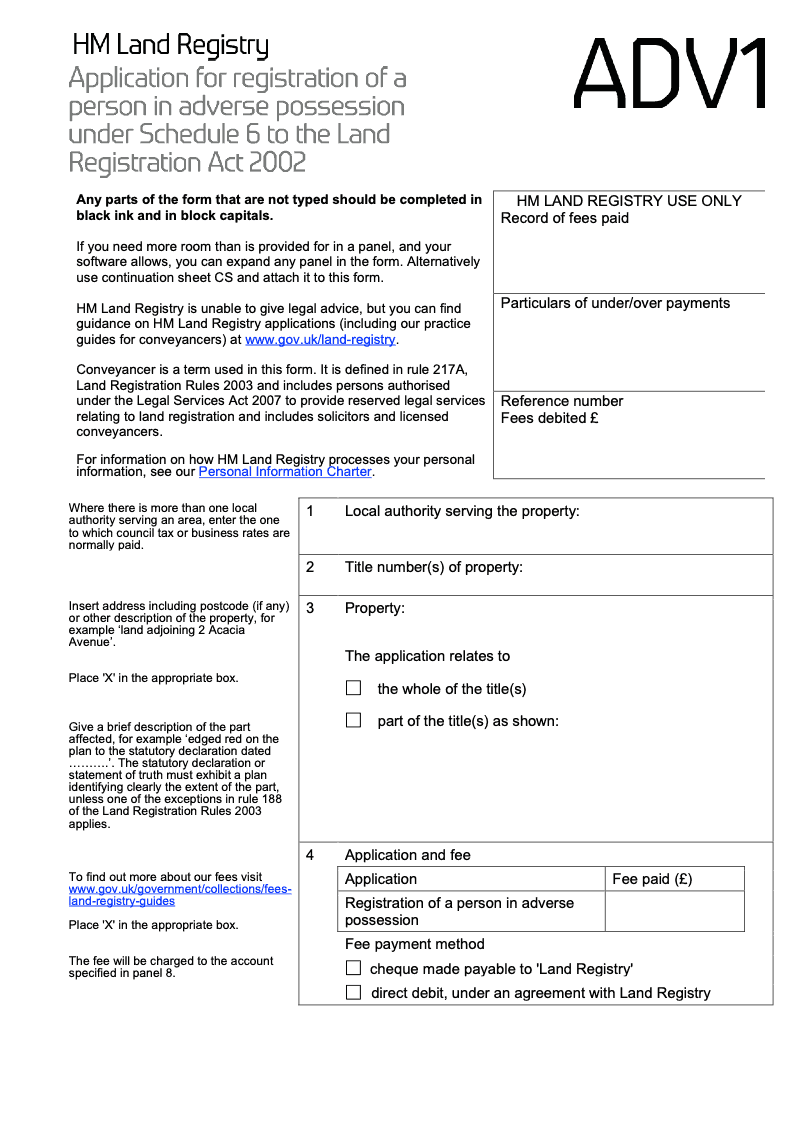 ADV1X Application for registration of a person in adverse possession under Schedule 6 to the Land Registration Act 2002 Word Version preview