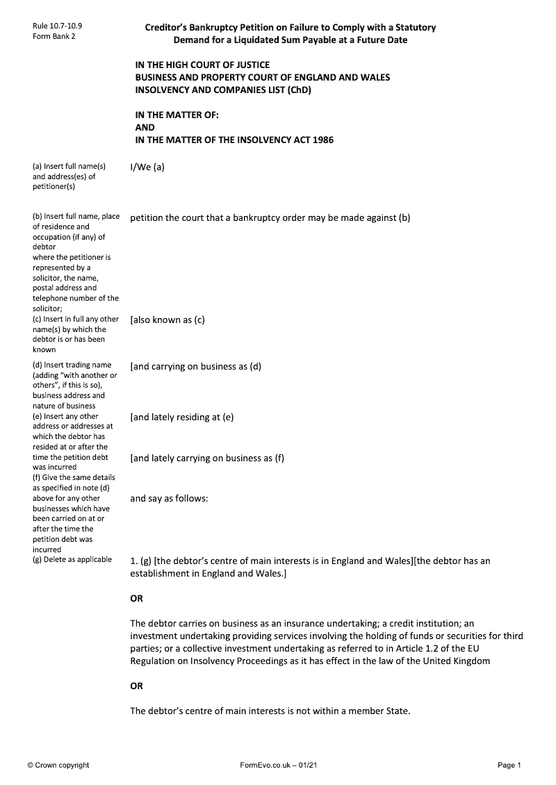 Bank2 creditor s bankruptcy petition on failure to comply with a
