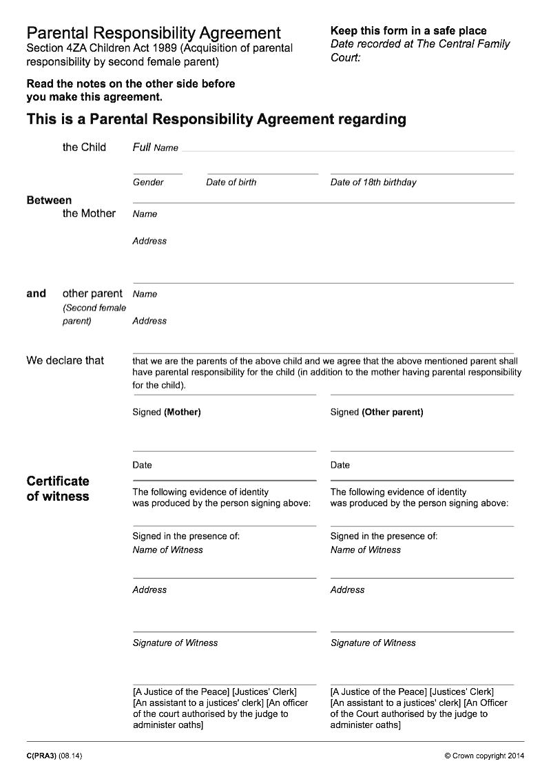 C PRA3 Parental Responsibility Agreement Section 4ZA Children Act 1989 Acquisition of parental responsibility by second female parent preview