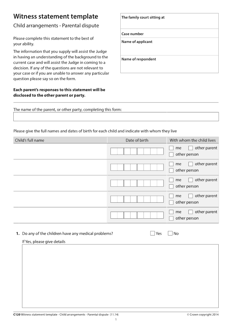 C120 Witness statement template Child arrangements Parental dispute preview