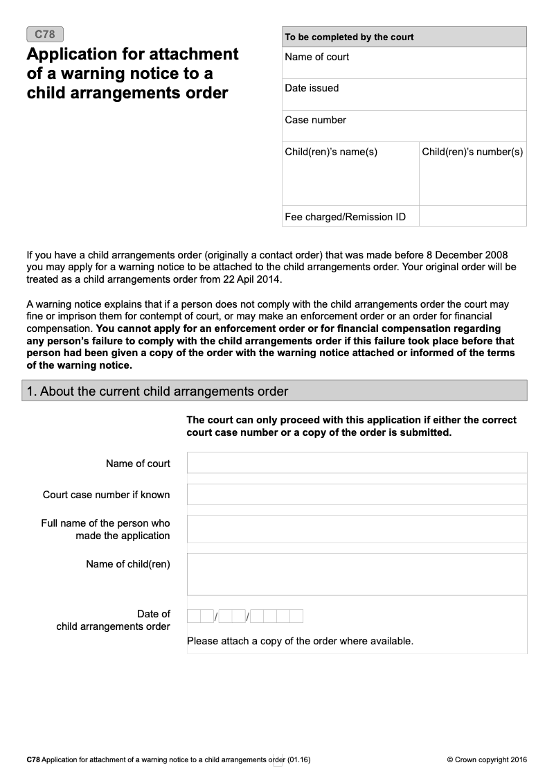 C78 Application for attachment of a warning notice to a child arrangements order preview