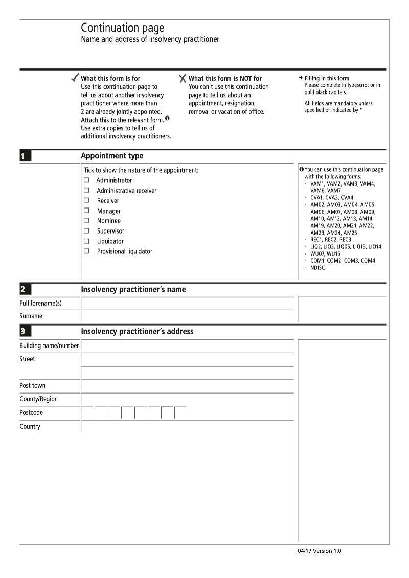 CVA1 Continuation Page Name and address of insolvency practitioner continuation page CVA1 Notice of voluntary arrangement taking effect preview