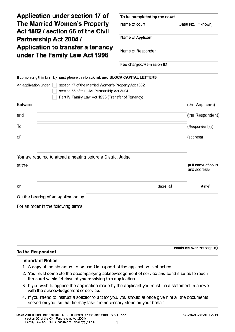 D50B Application under section 17 of The Married Women's Property Act ...