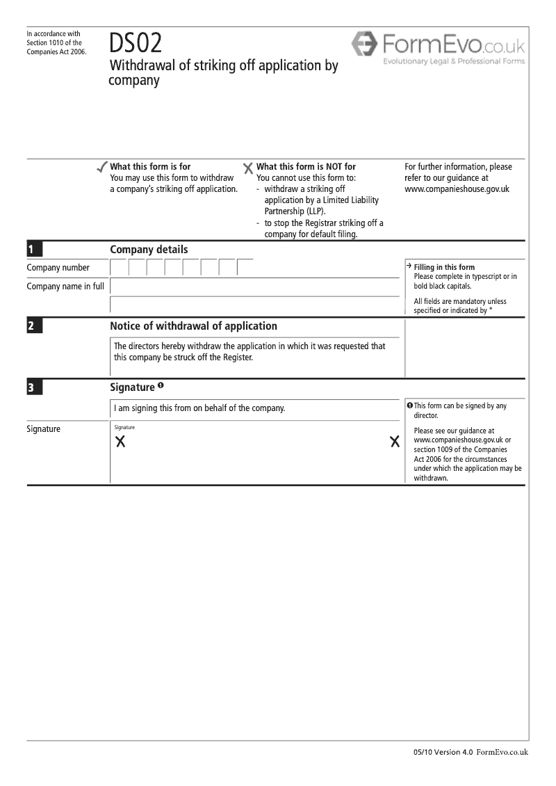 DS02 Withdrawal of striking off application by company Section 1010 preview