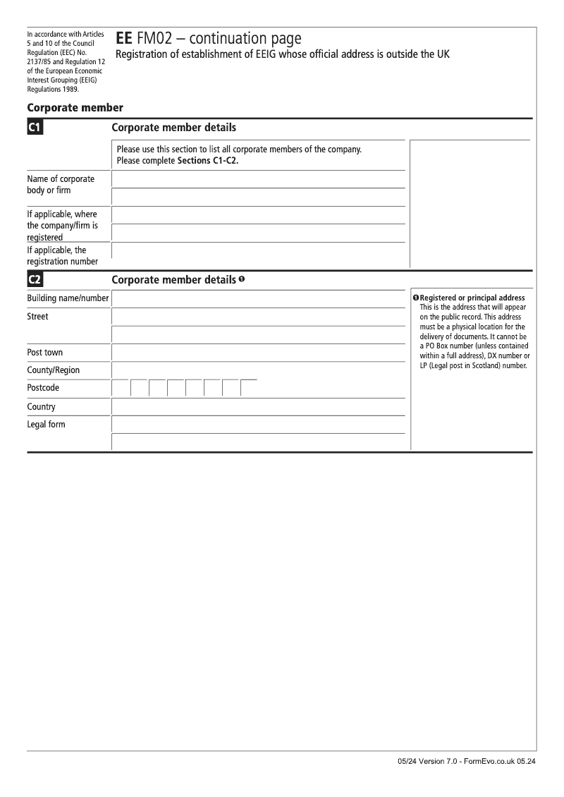 EE FM02 Continuation Page 2 Corporate member details continuation page EE FM02 Statement of name establishment address in the UK and members of an EEIG whose official address is outside the UK preview