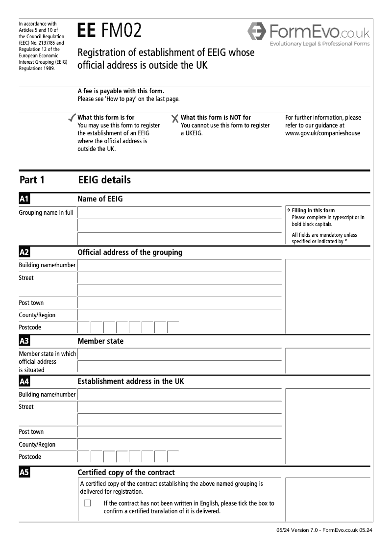 EE FM02 Statement of name establishment address in the UK and members of an EEIG whose official address is outside the UK preview