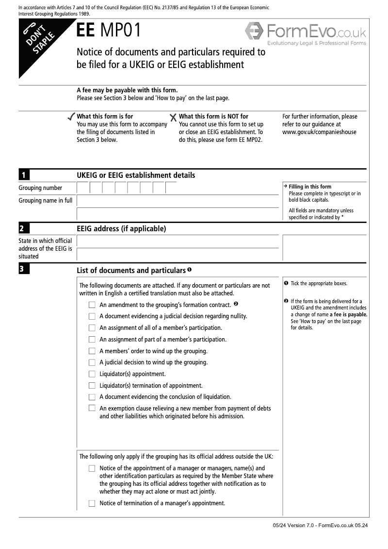 Use form EE MP01 for a notice of documents and particulars required to be filed for an EEIG preview