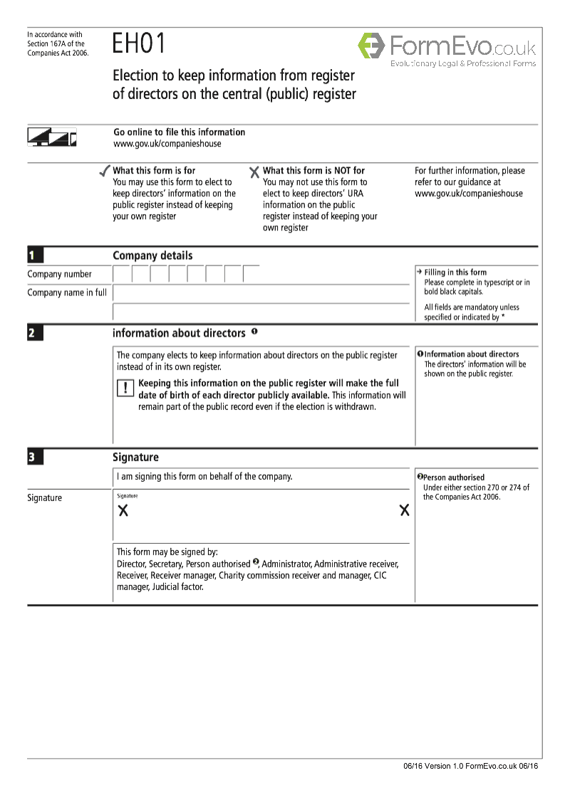 EH01 Election to keep information from register of directors on the central public register Section 167A of the Companies Act 2006 preview