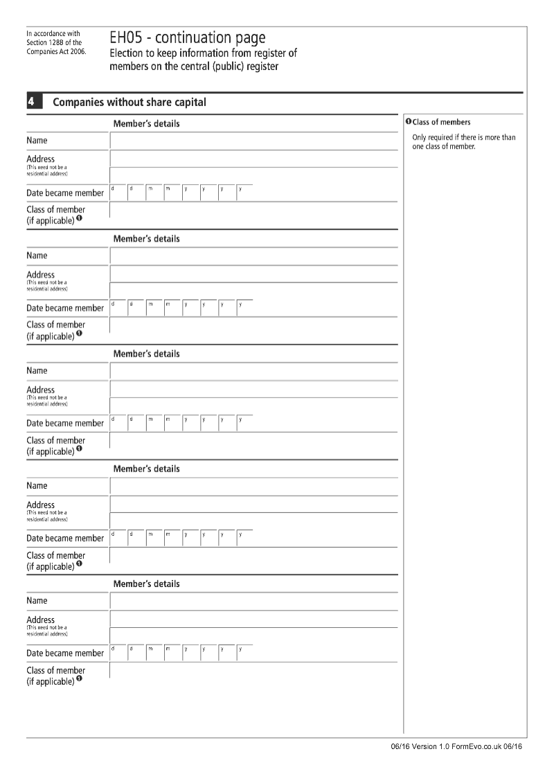 EH05 Continuation Page 2 Companies without share capital continuation page EH05 Election to keep information from register of members on the central public register Section 1288 of the Companies Act 2006 preview