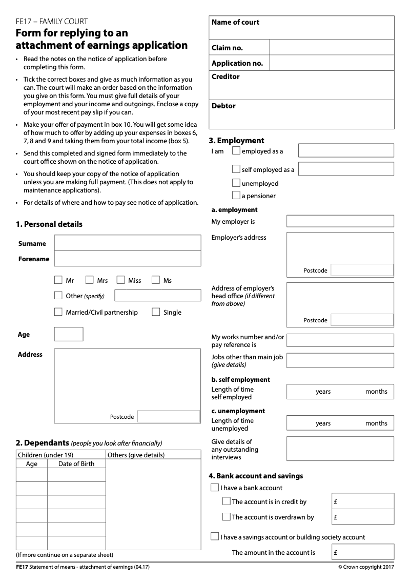 FE17 Form for replying to an attachment of earnings application Family Court preview