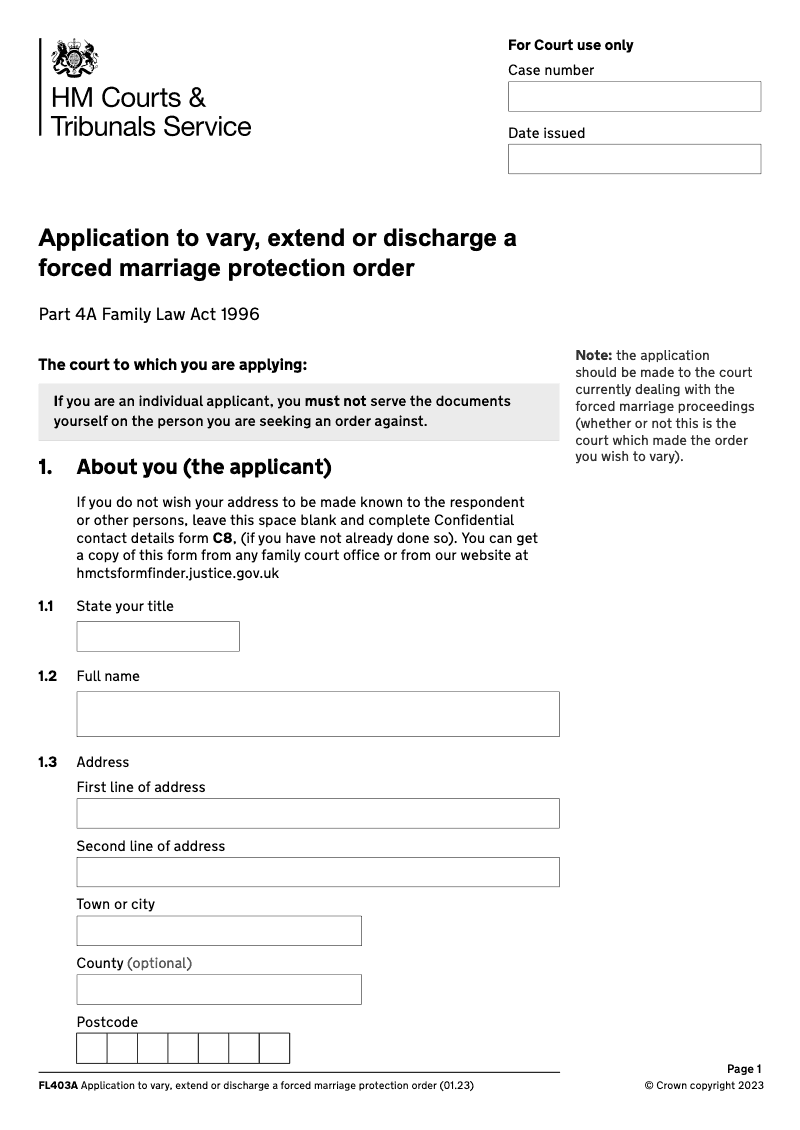 FL403A Application to vary, extend or discharge a forced marriage ...