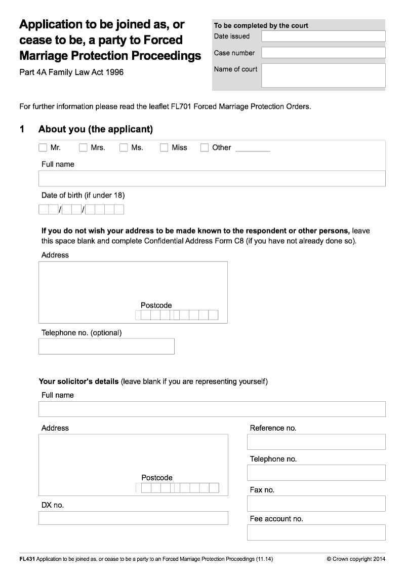 FL431 Application to be joined as or cease to be a party to forced marriage protection proceedings Family Law Act 1996 Part 4A preview