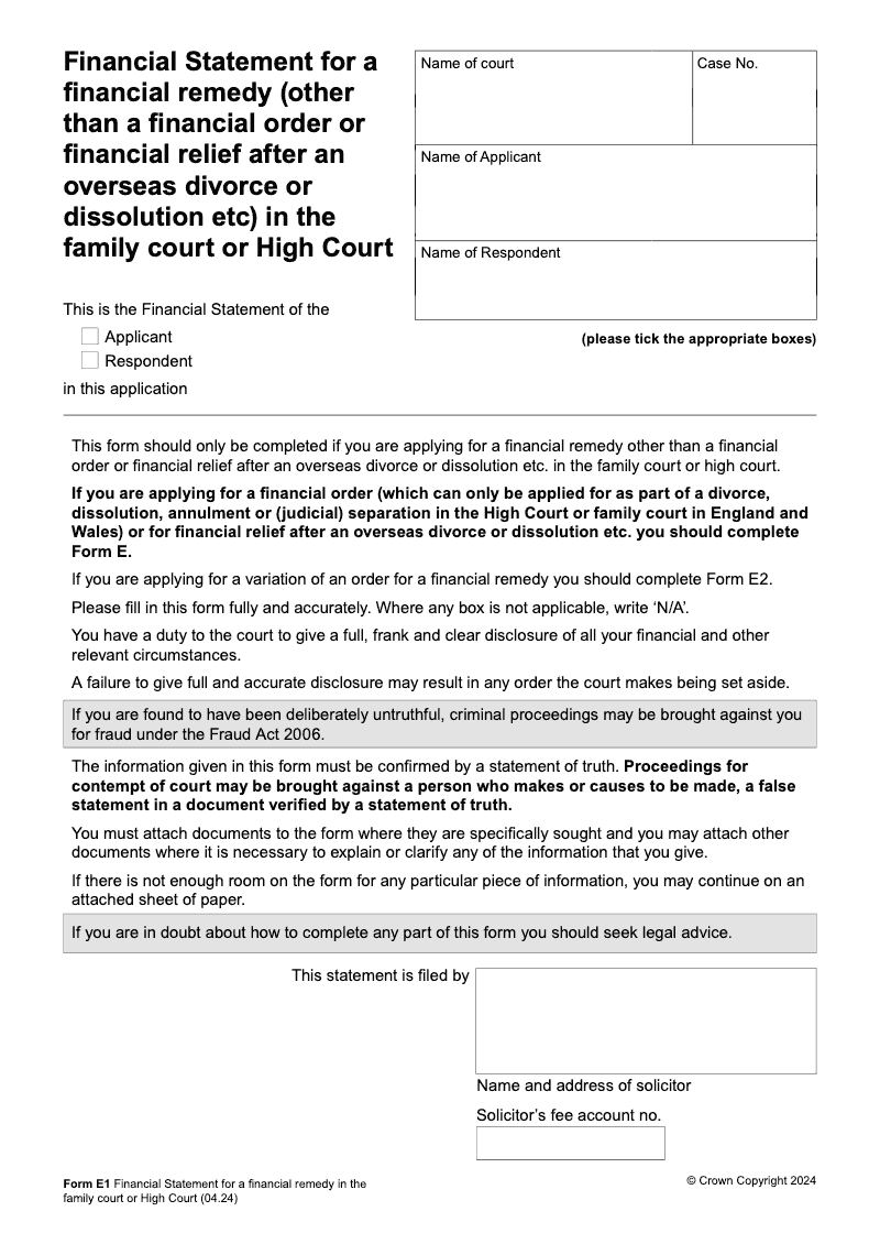 Form E1 Long Financial Statement for a financial remedy other than a financial order or financial relief after an overseas divorce or dissolution etc in the family court or High Court extended version electronic signature available preview