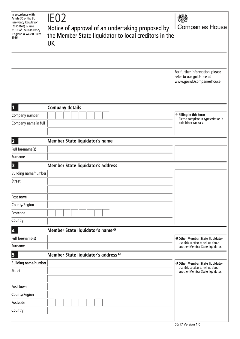 IE02 Notice of approval of an undertaking proposed by the Member State liquidator to local creditors in the UK Rule 21 10 preview