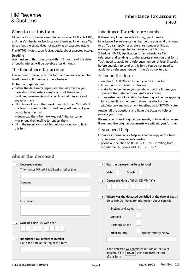 IHT400 Inheritance Tax account preview