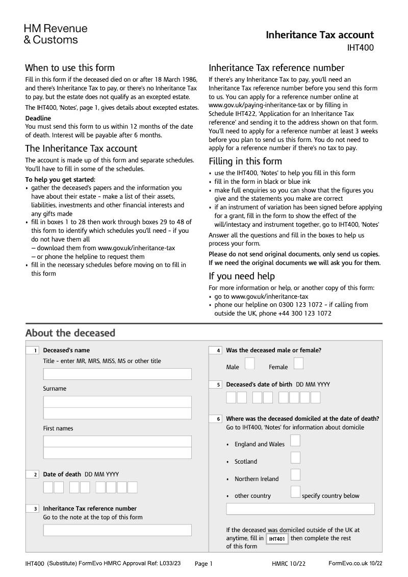 IHT400 Inheritance Tax account