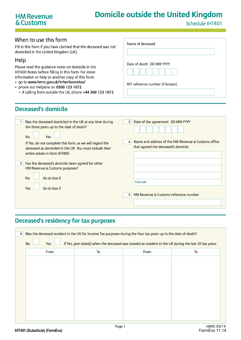 IHT401 Domicile outside the United Kingdom Schedule IHT401 preview