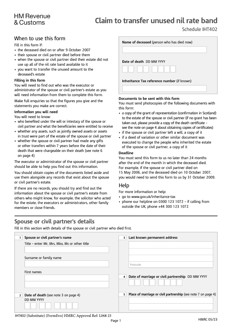 IHT402 Claim to transfer unused nil rate band (Schedule IHT402)