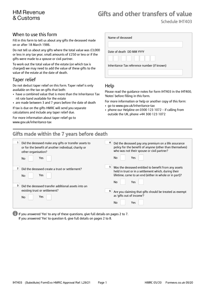 IHT403 Gifts and other transfers of value Schedule IHT403 preview