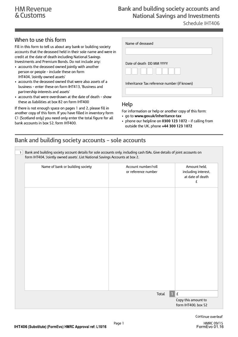 IHT406 Bank and building society accounts and National Savings Investments Schedule IHT406 preview