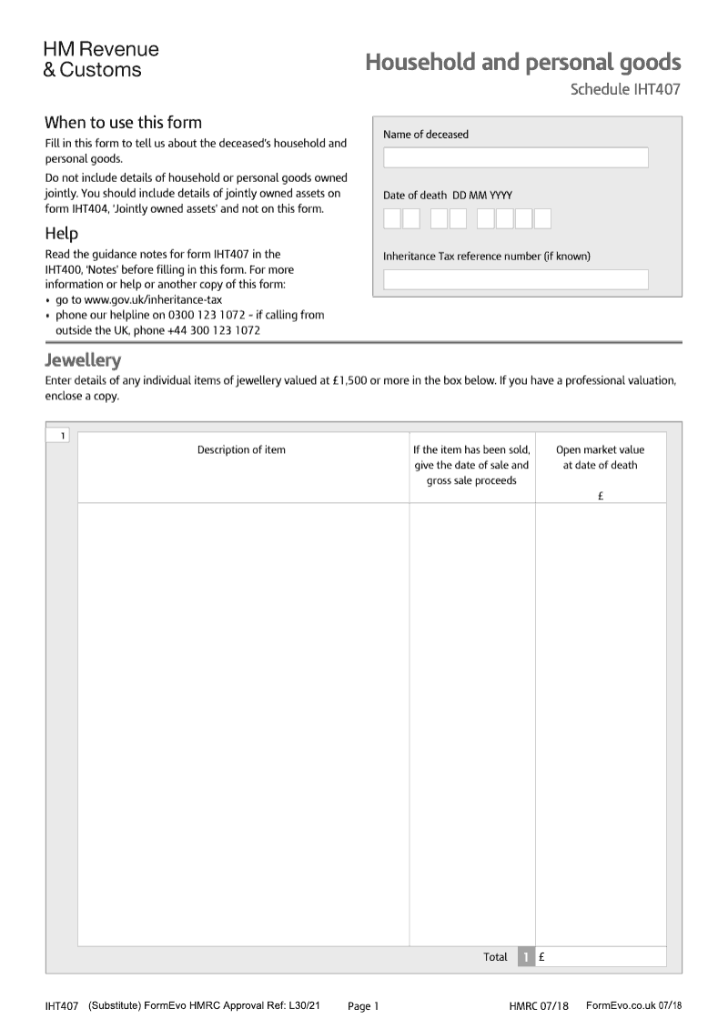 IHT407 Household and personal goods Schedule IHT407 preview