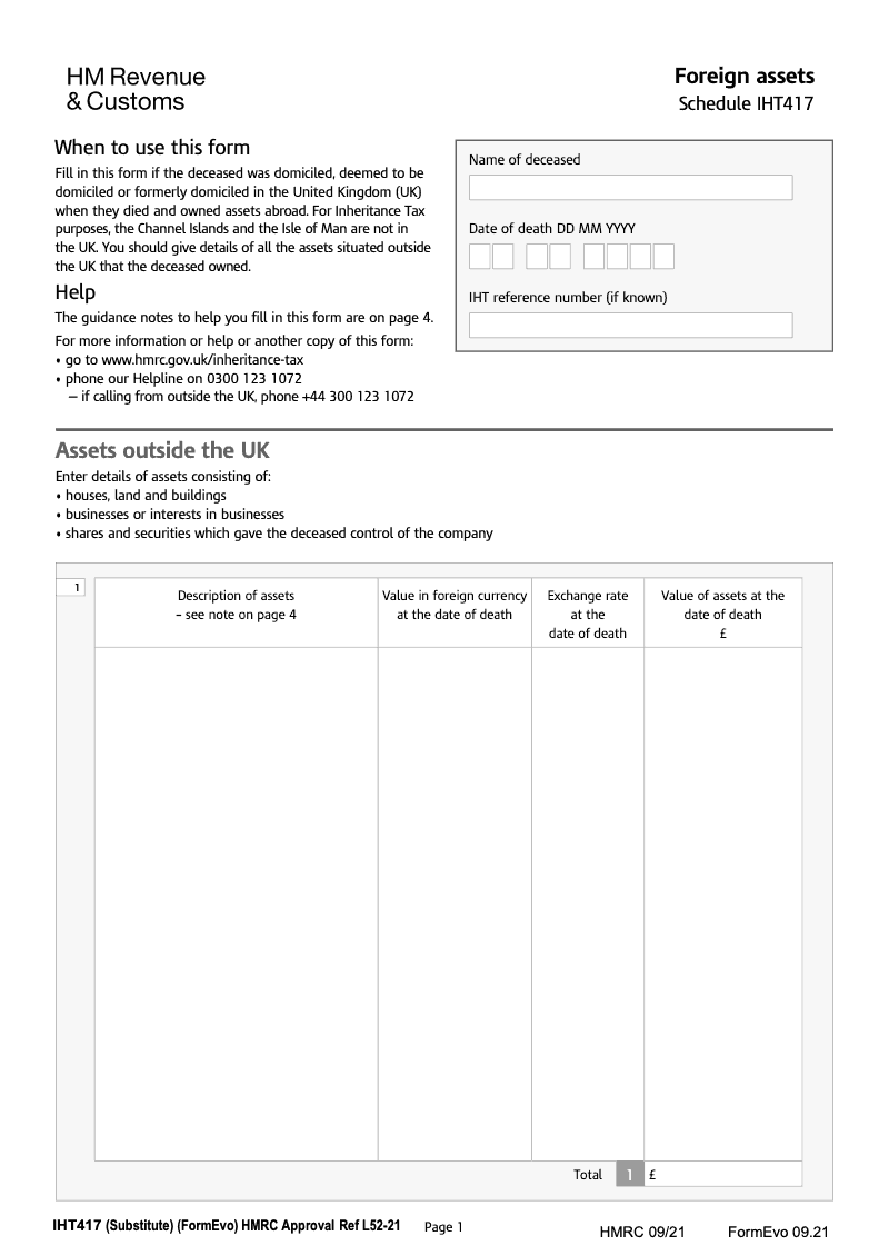 IHT417 Foreign assets Schedule IHT417 preview