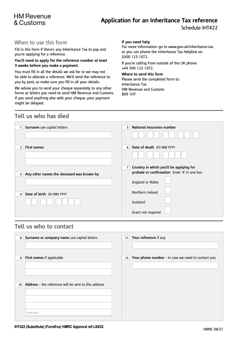 IHT422 Application for an Inheritance Tax reference Schedule IHT422 preview