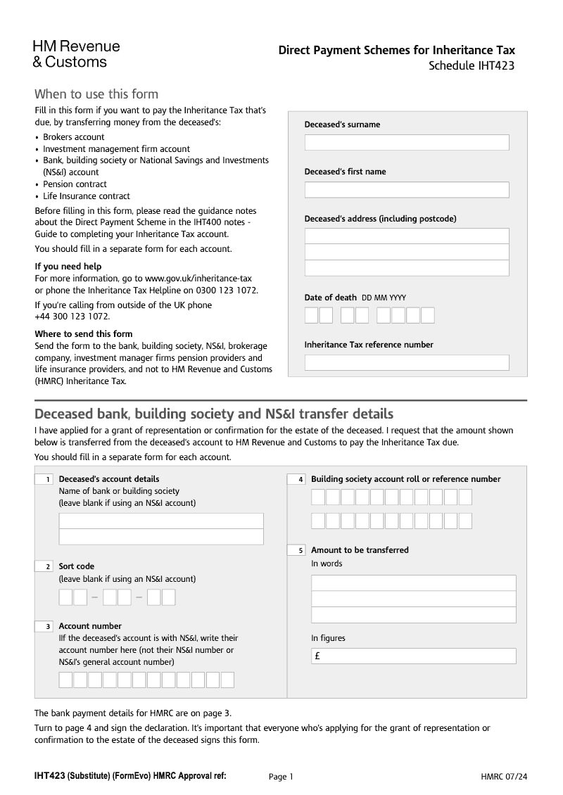 IHT423 Direct Payment Scheme Bank or building society account Schedule IHT423 preview