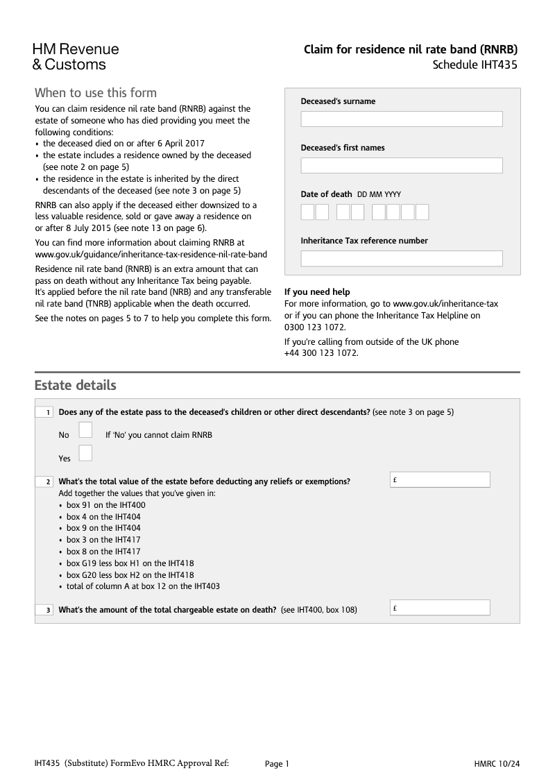 IHT435 Claim for residence nil rate band RNRB Schedule IHT435 preview