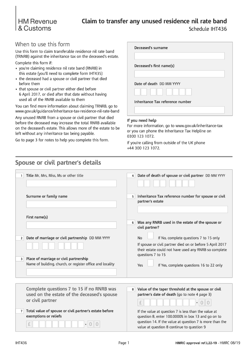 IHT436 Claim to transfer any unused residence nil rate band RNRB Schedule IHT436 preview