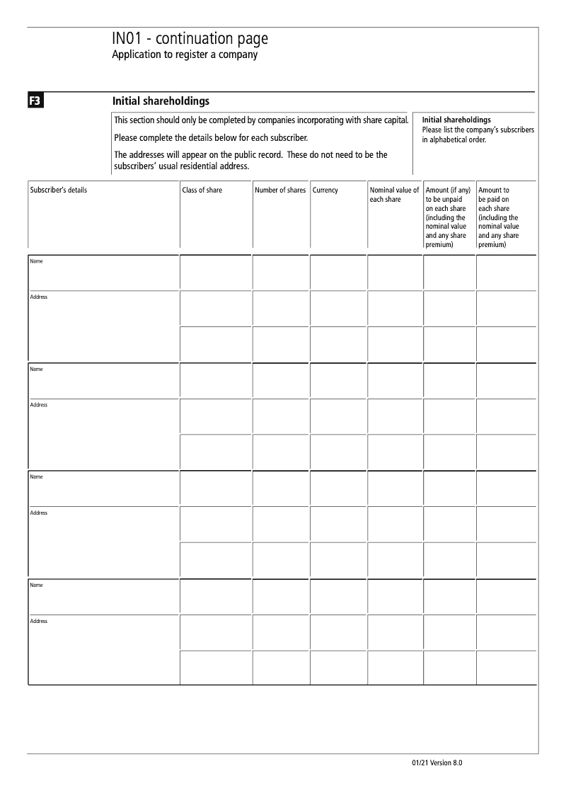 IN01 Continuation Page 7 Section F3 - Initial shareholdings ...