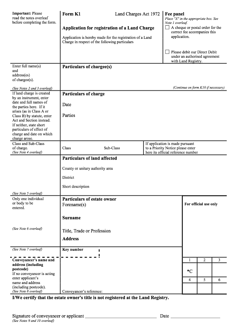 K1 Application for registration of a Land Charge (Land Charges Act 1972)