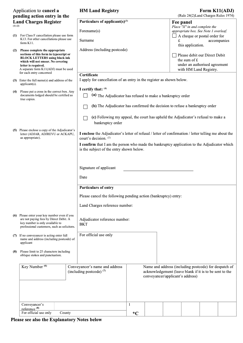 K11 ADJ Application to cancel a pending action entry in the Land Charges Register preview