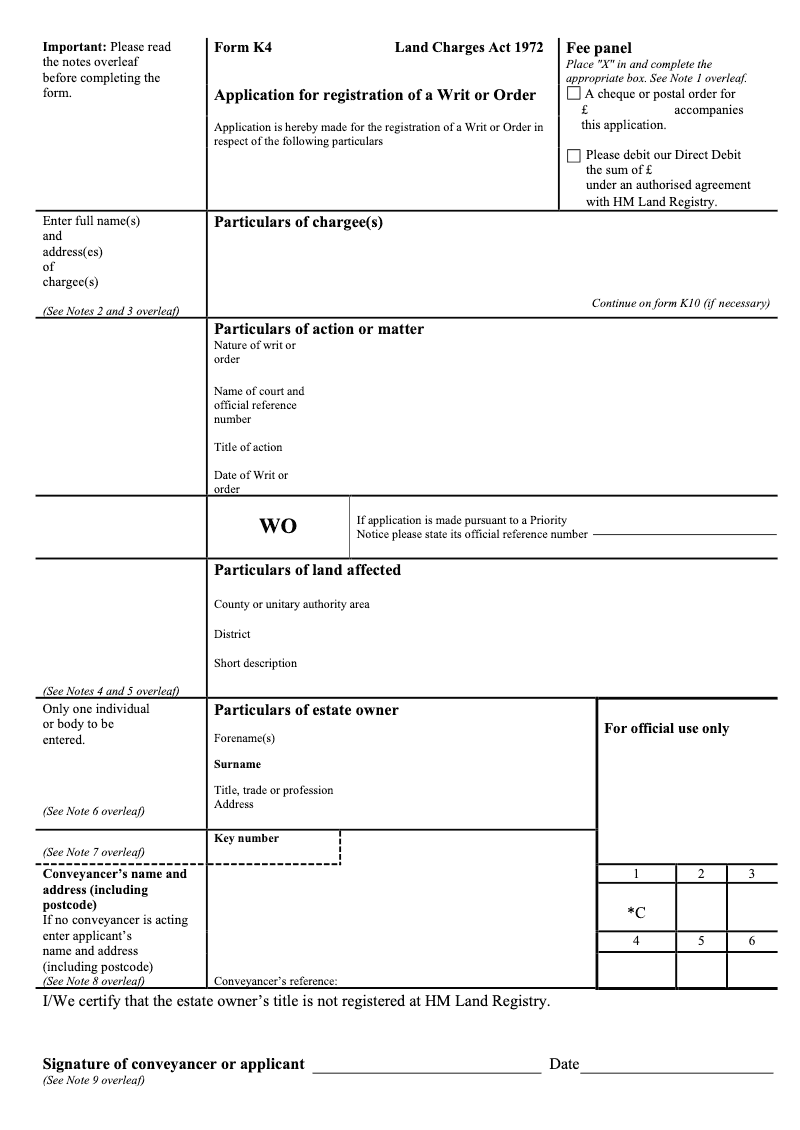 K4 Application for registration of a Writ or Order Land Charges Act 1972 preview