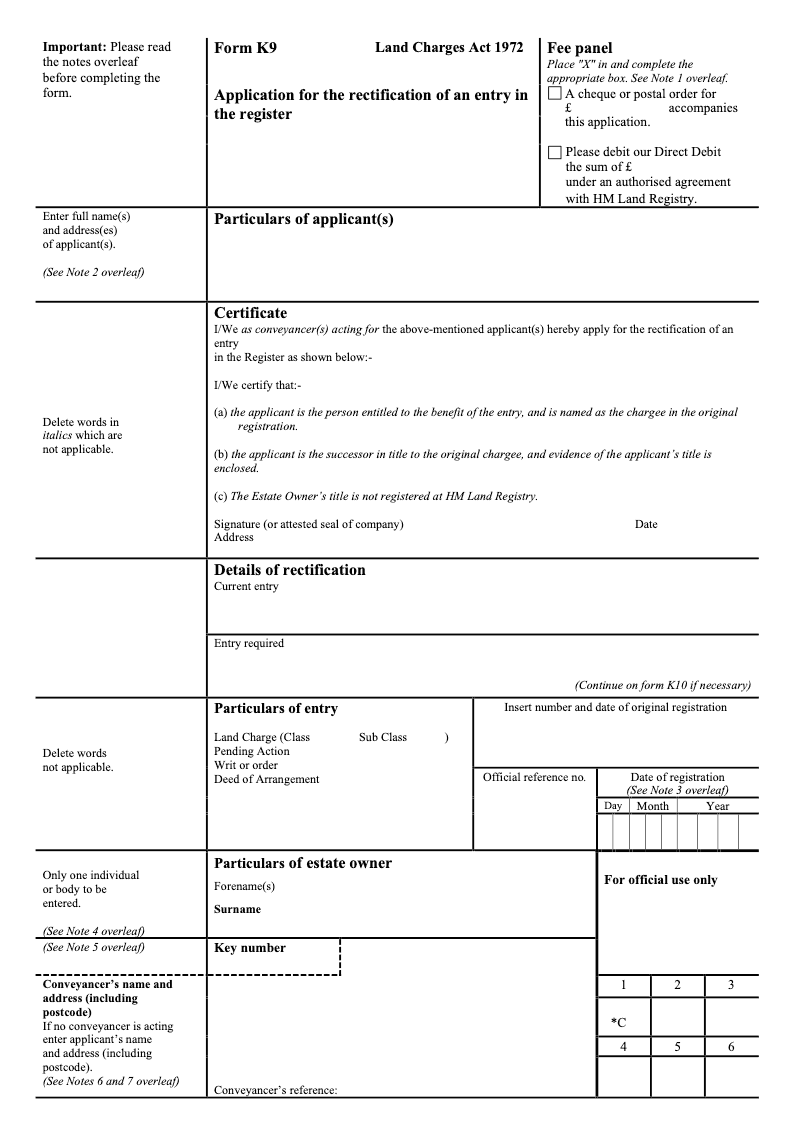 K9 Application for the rectification of an entry in the register Land Charges Act 1972 preview