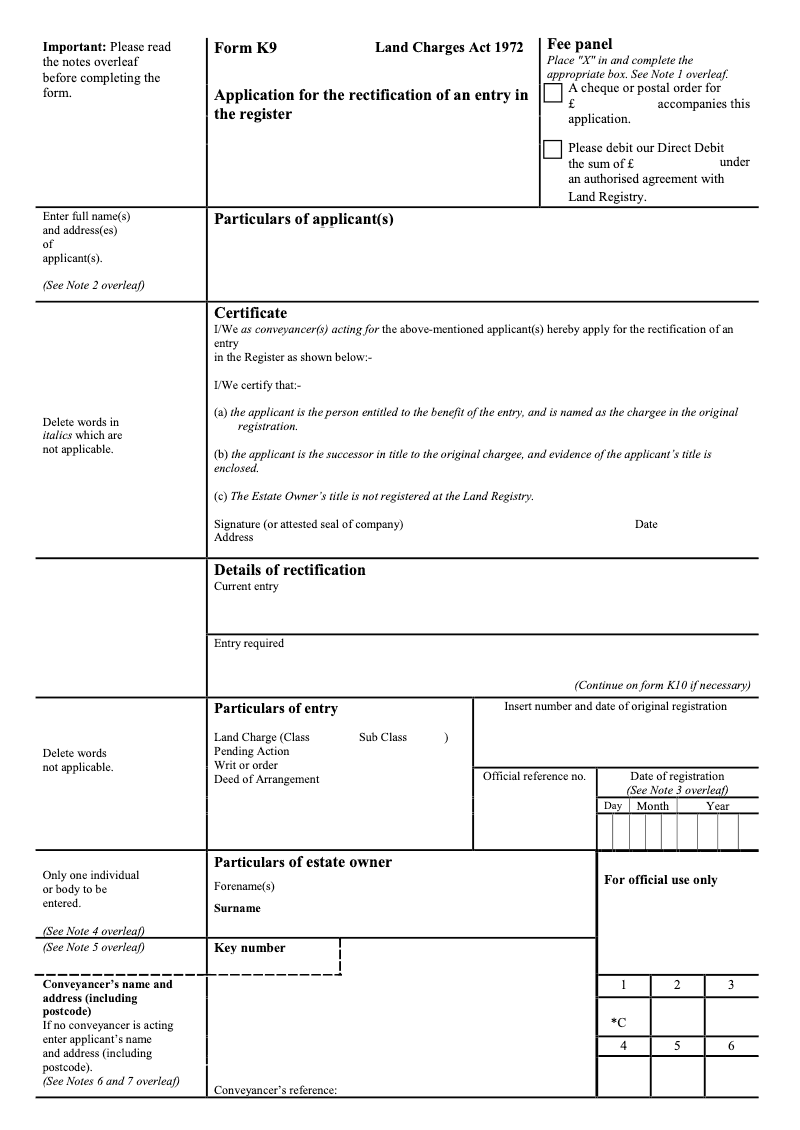 K9 Application for the rectification of an entry in the register Land Charges Act 1972 preview
