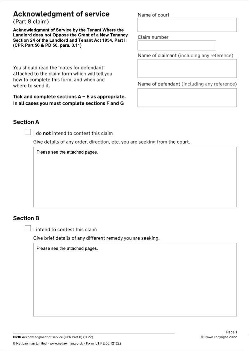 L T105 Acknowledgment of Service by the Tenant Where the Landlord does not Oppose the Grant of a New Tenancy under Section 24 of the Landlord and Tenant Act 1954 Part II CPR Part 56 PD 56 para 3 11 preview