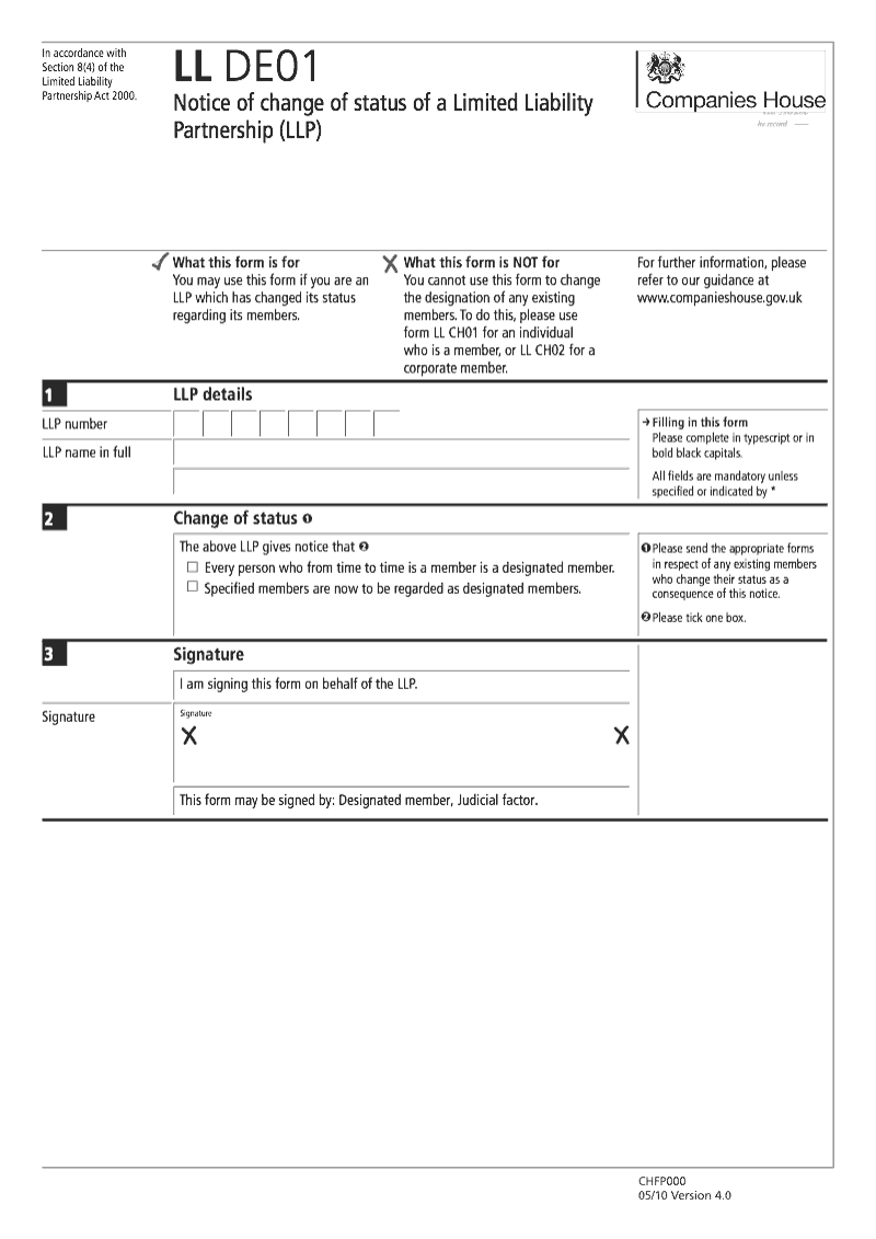 LL DE01 Notice of change of status of a Limited Liability Partnership LLP preview