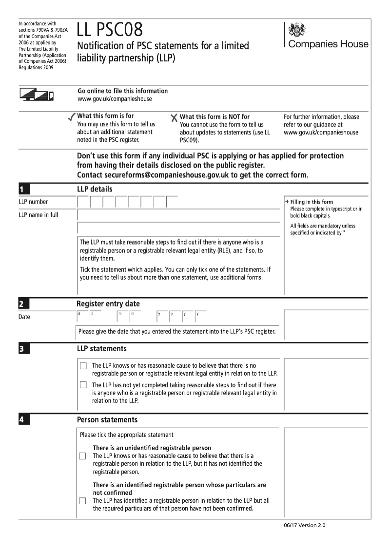 LL PSC08 Notification of PSC statements for a limited liability partnership LLP Section 790M and 790ZA of the Companies Act 2006 preview