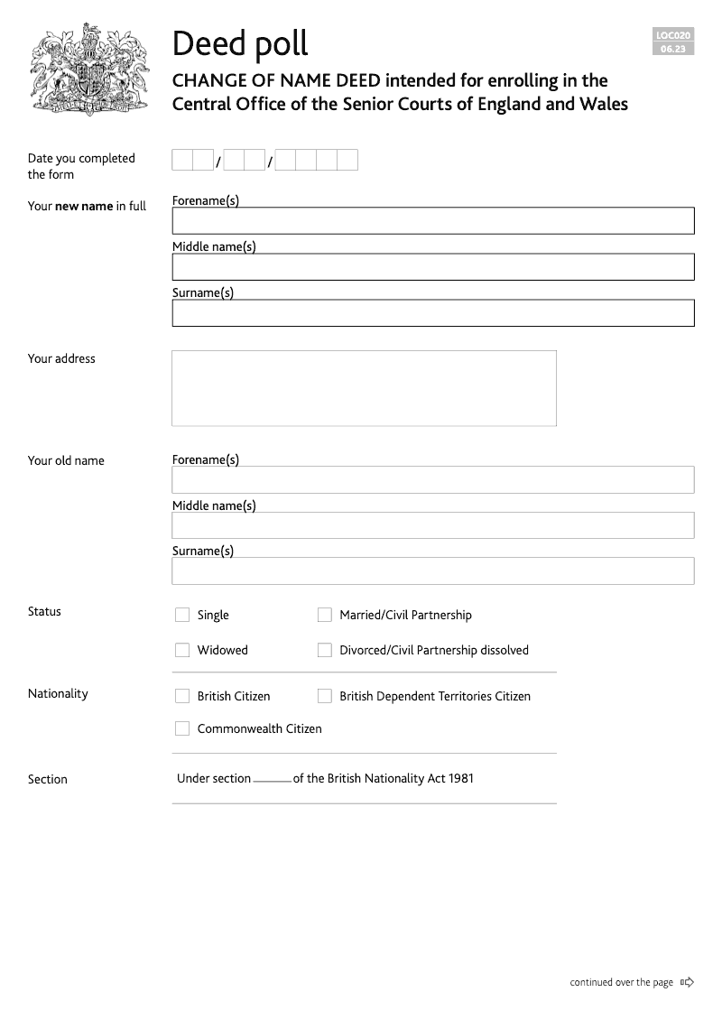 LOC020 Change of name deed intended for enrolling in the Central