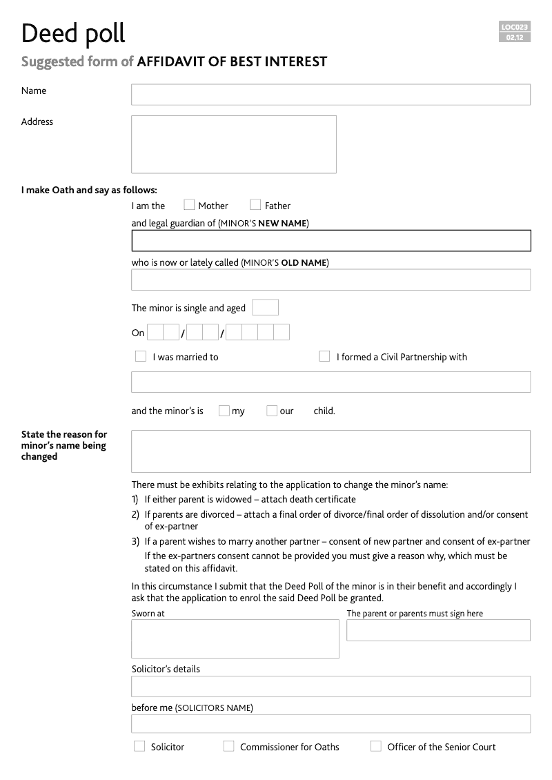 LOC023 Affidavit of best Interest Minor Deed Poll preview