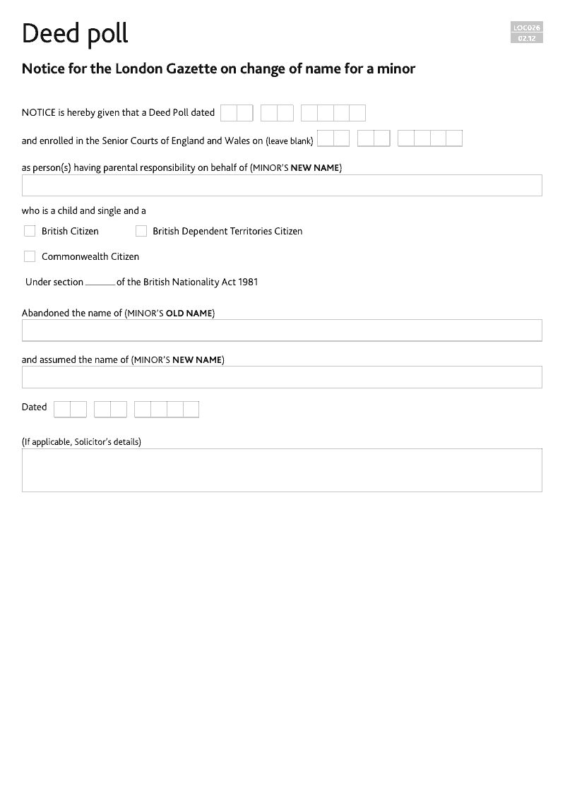 LOC026 Notice for the London Gazette on change of name for a minor Deed Poll preview