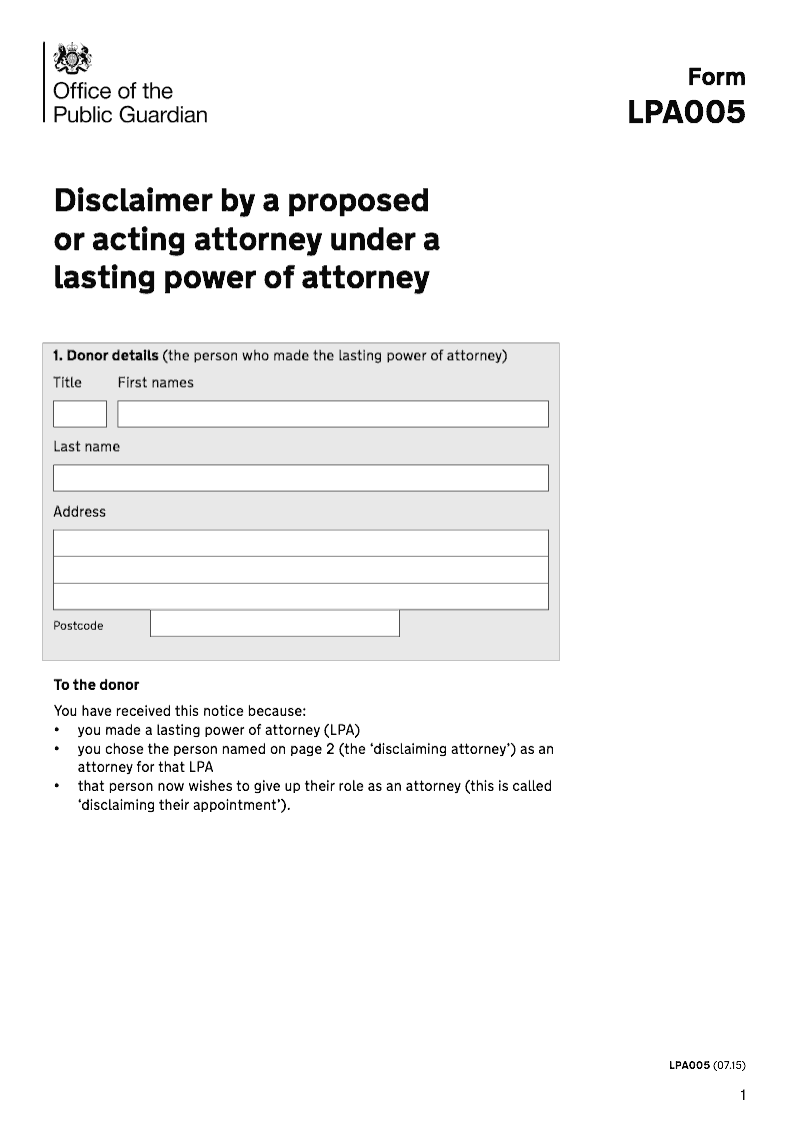 LPA 005 Disclaimer by a proposed or acting attorney under a Lasting